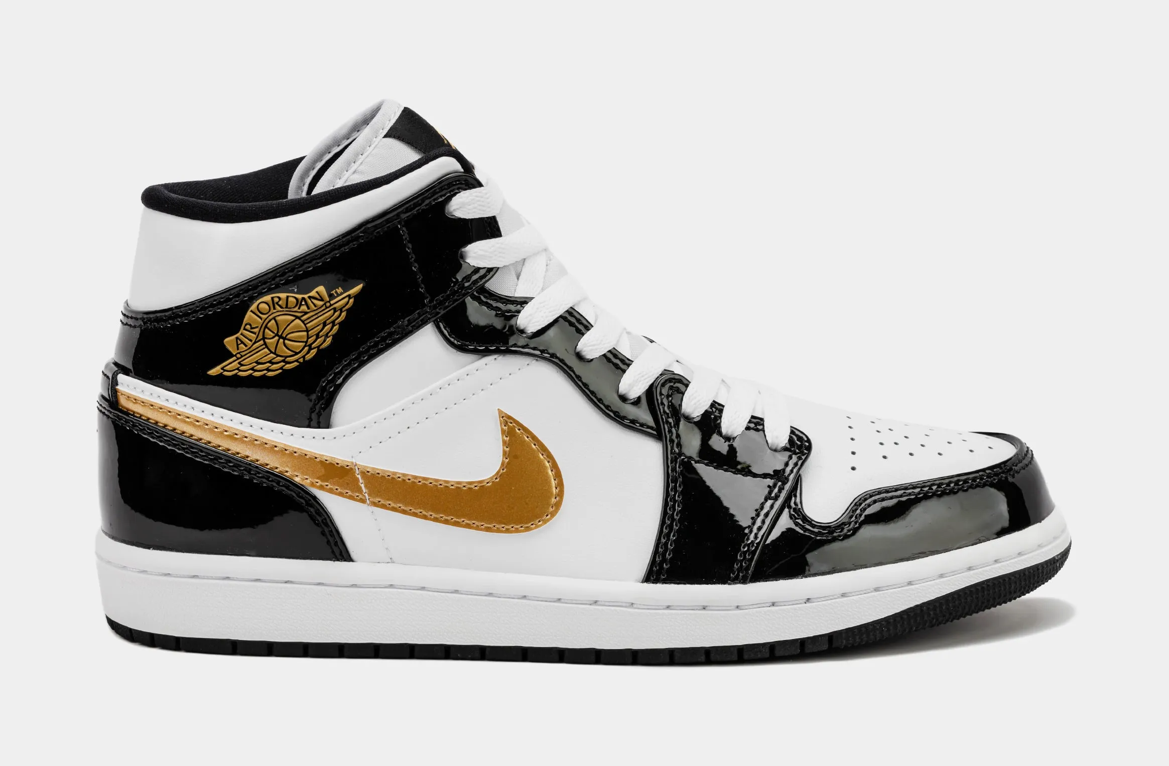 Air Jordan 1 Retro Mid SE Patent Black Gold Mens Lifestyle Shoes (Black/Gold)