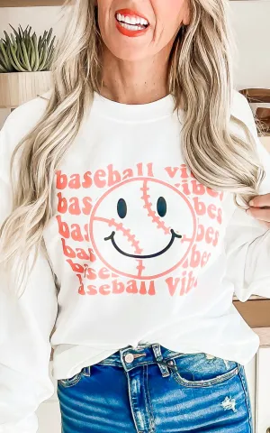 Baseball Vibes White Graphic Crewneck Sweatshirt