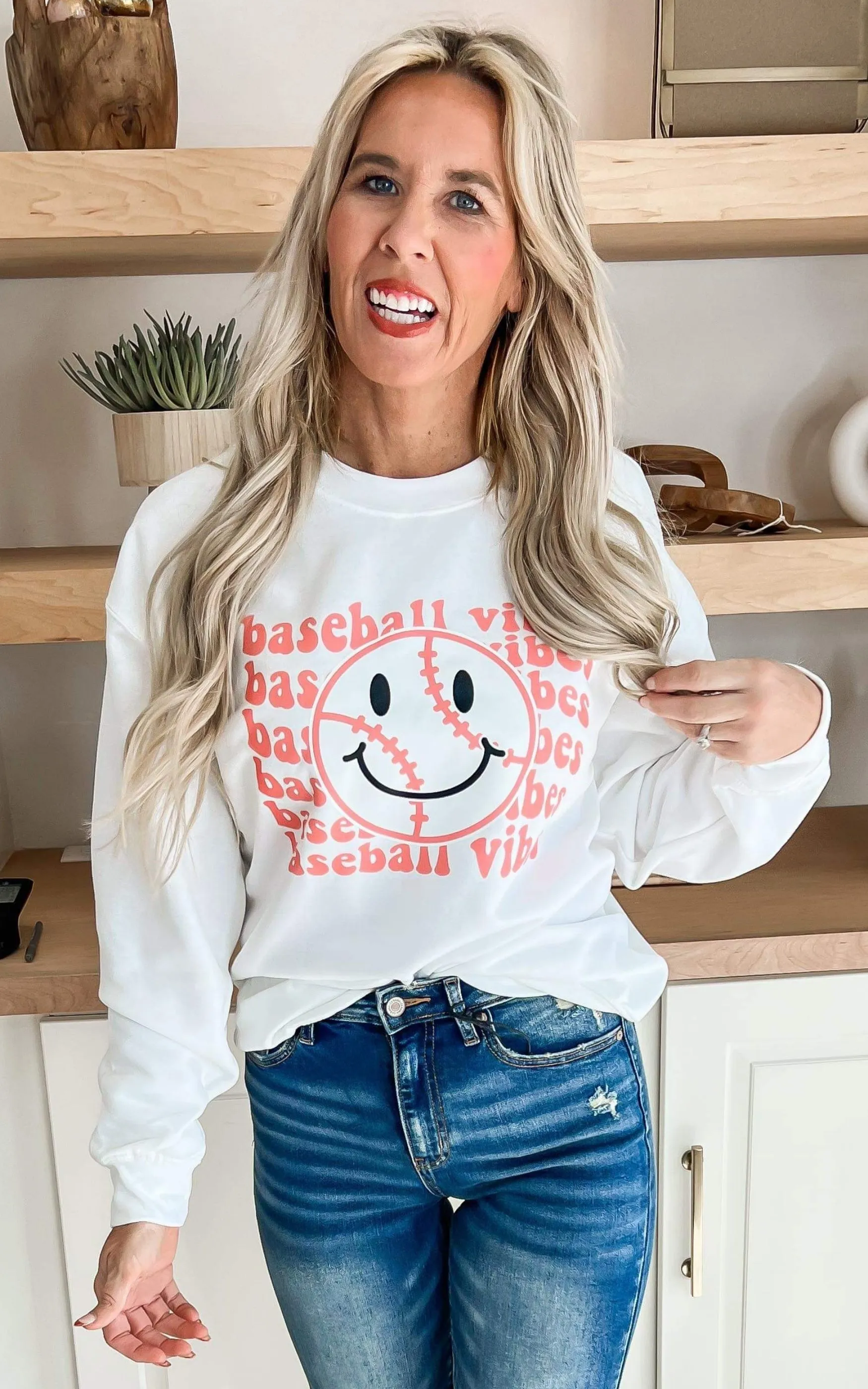 Baseball Vibes White Graphic Crewneck Sweatshirt