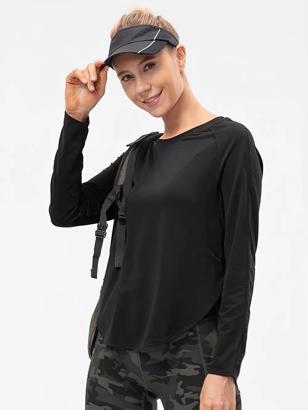 Elasticity Loose Top with Draped Hem / Long Sleeves Split Design Sports Top - SF0048