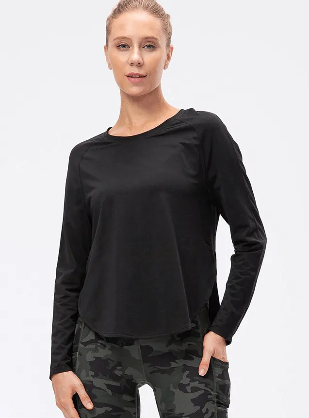 Elasticity Loose Top with Draped Hem / Long Sleeves Split Design Sports Top - SF0048