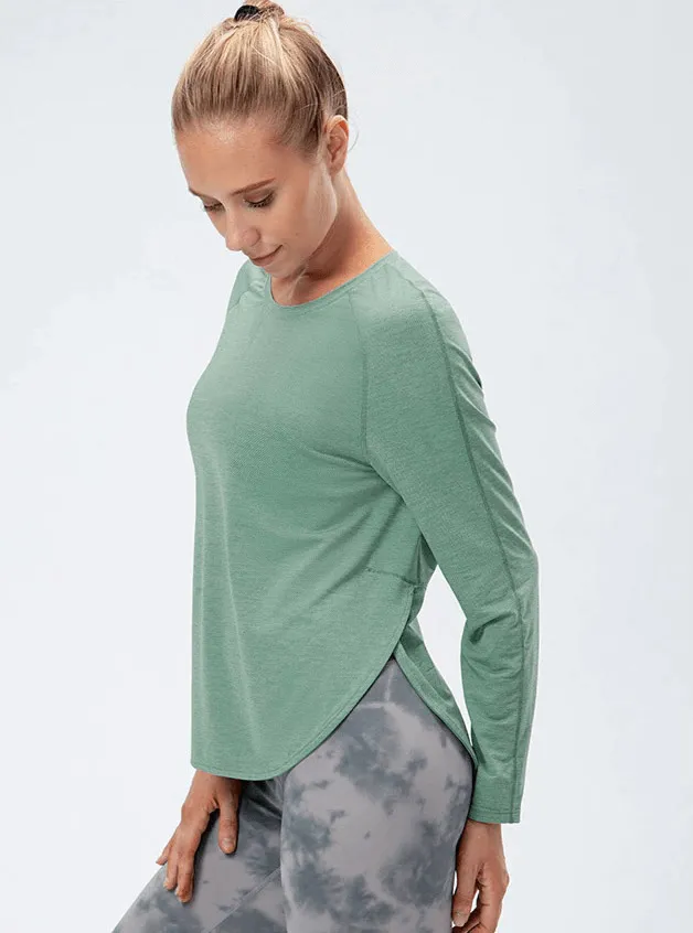 Elasticity Loose Top with Draped Hem / Long Sleeves Split Design Sports Top - SF0048