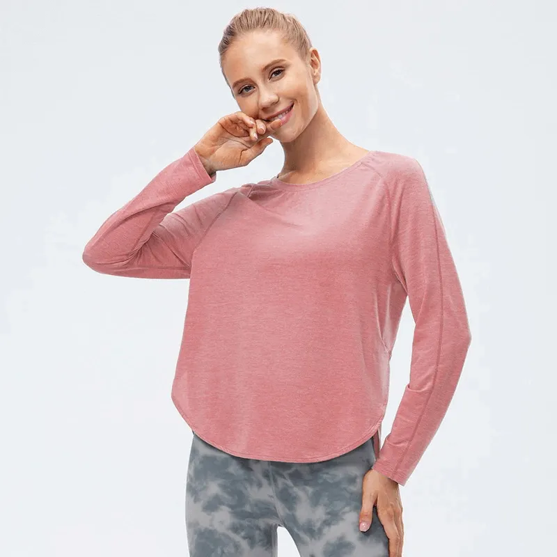 Elasticity Loose Top with Draped Hem / Long Sleeves Split Design Sports Top - SF0048