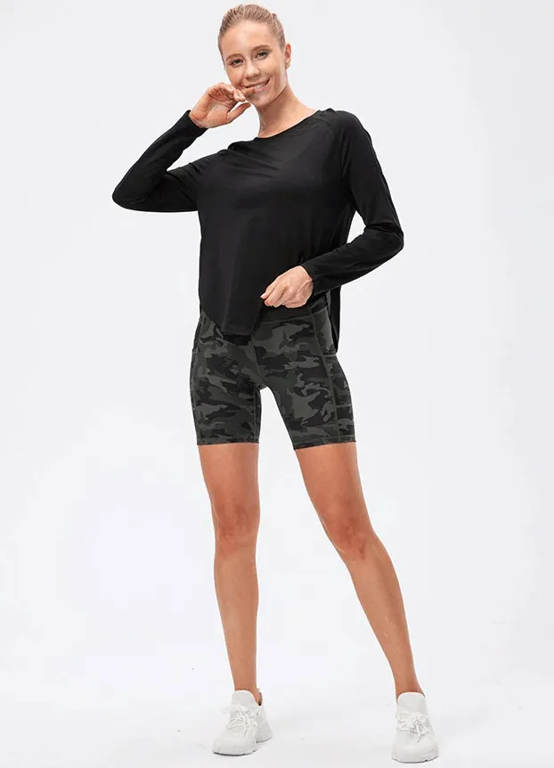 Elasticity Loose Top with Draped Hem / Long Sleeves Split Design Sports Top - SF0048