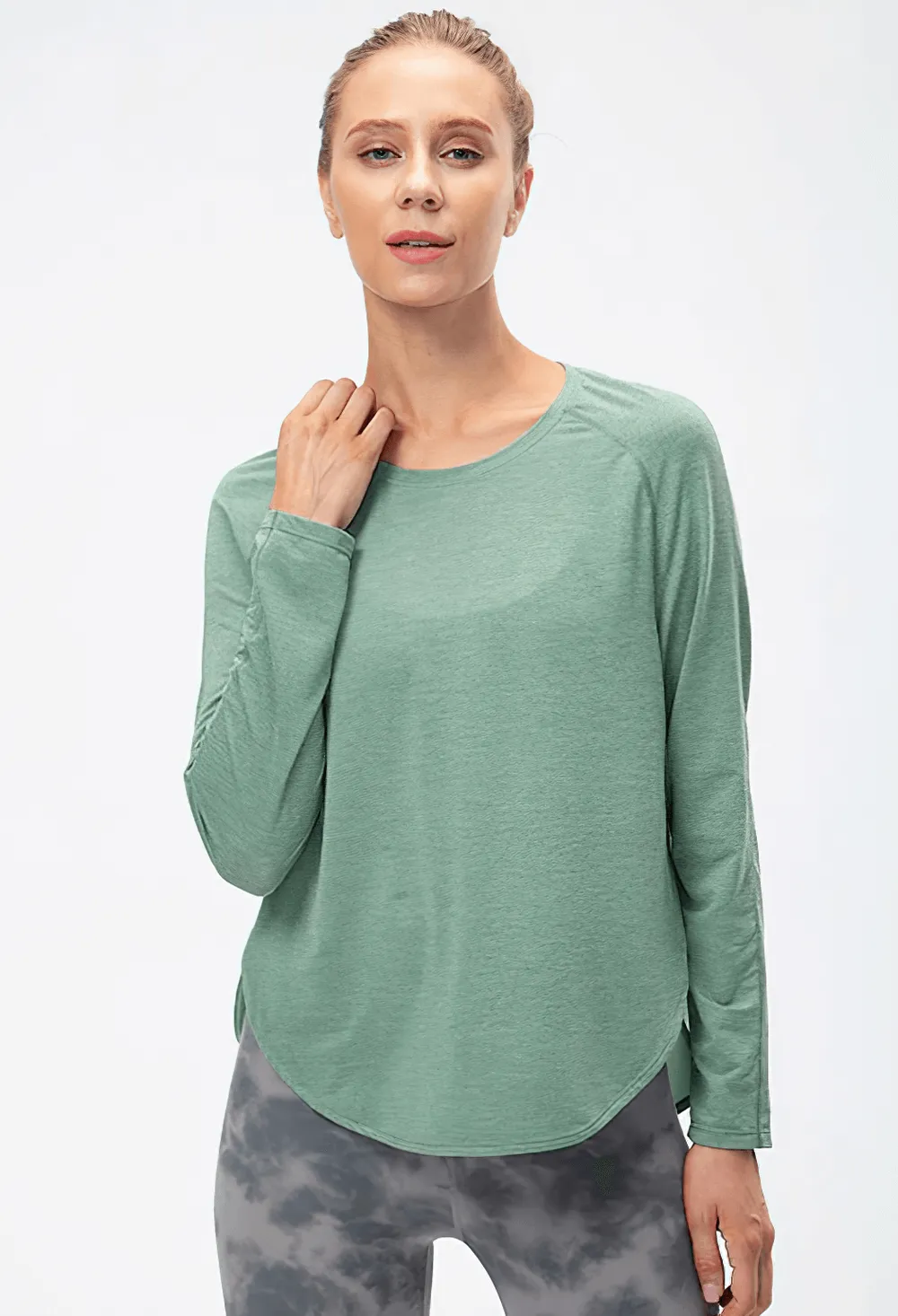 Elasticity Loose Top with Draped Hem / Long Sleeves Split Design Sports Top - SF0048