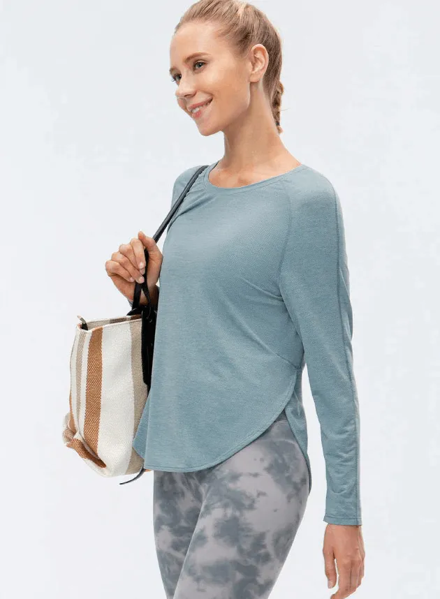 Elasticity Loose Top with Draped Hem / Long Sleeves Split Design Sports Top - SF0048