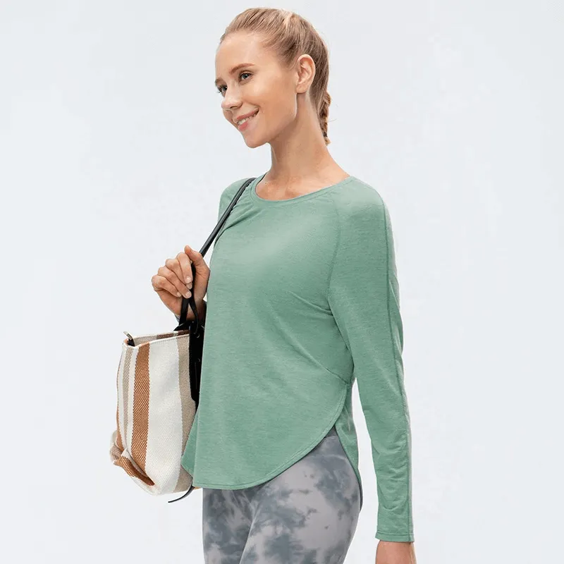 Elasticity Loose Top with Draped Hem / Long Sleeves Split Design Sports Top - SF0048