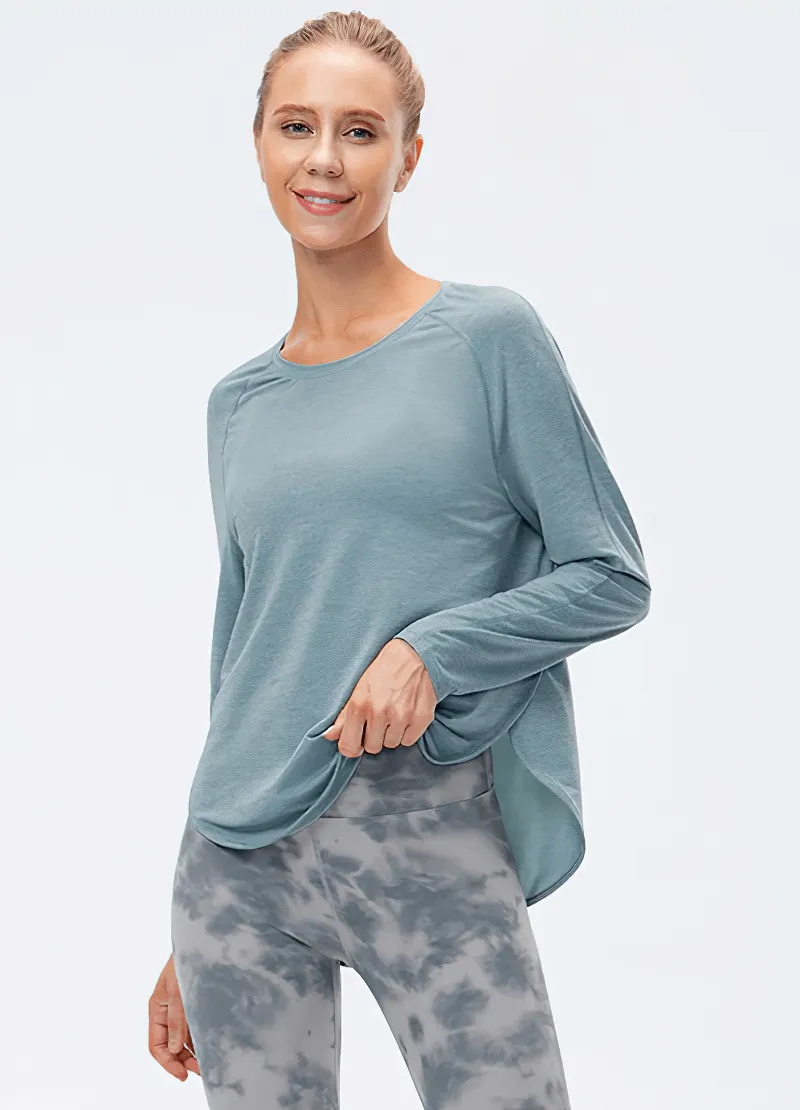 Elasticity Loose Top with Draped Hem / Long Sleeves Split Design Sports Top - SF0048