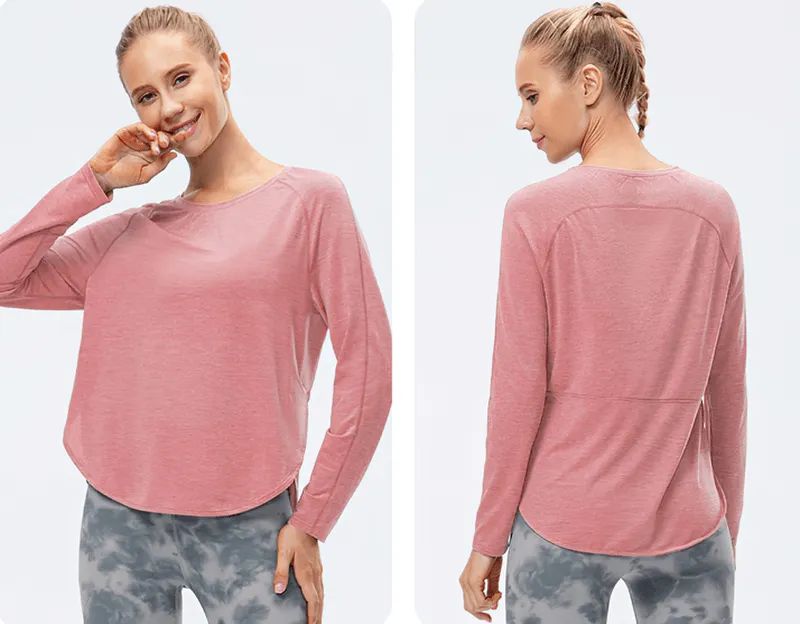 Elasticity Loose Top with Draped Hem / Long Sleeves Split Design Sports Top - SF0048