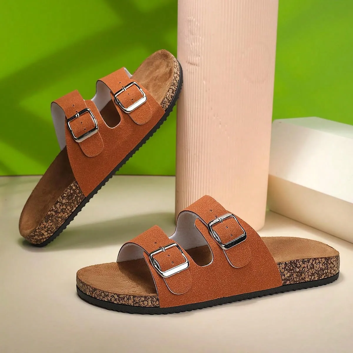 Fashionable Flat Cork Slippers With Buckle, Leisurely Style For Summer, Unisex Beach Sandals With Single Buckle For Outdoor Casual Wear