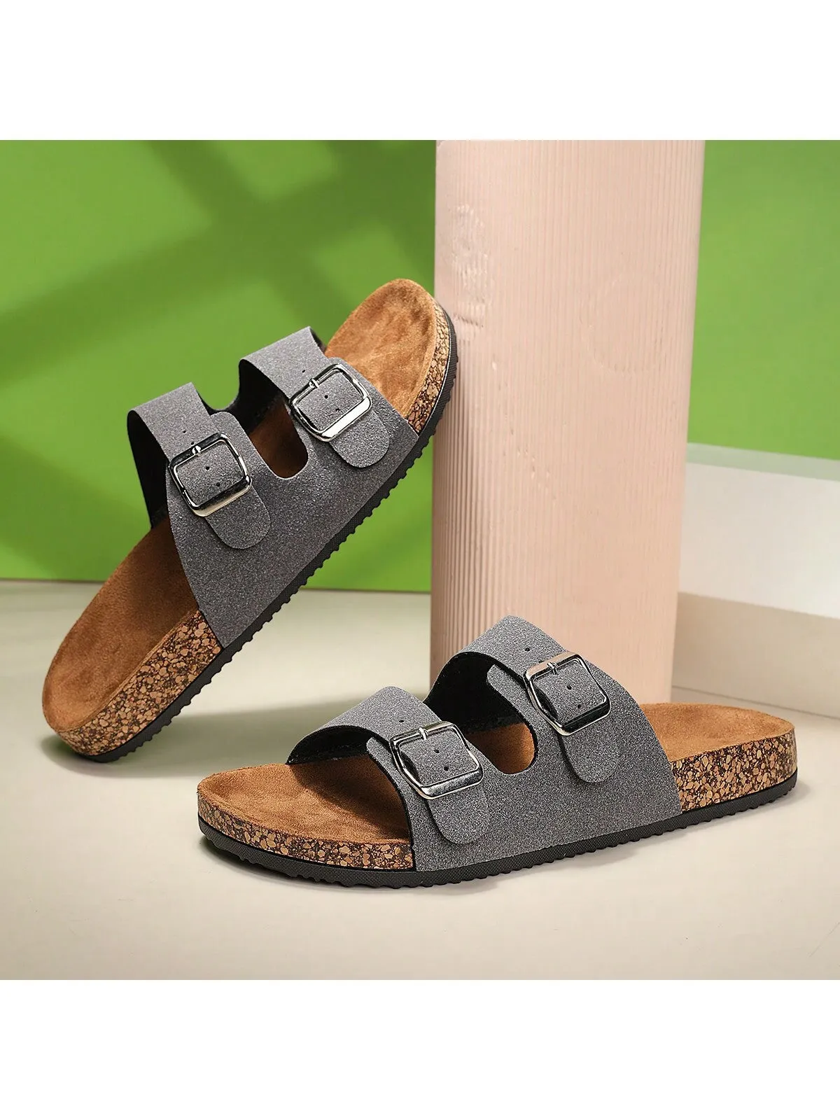 Fashionable Flat Cork Slippers With Buckle, Leisurely Style For Summer, Unisex Beach Sandals With Single Buckle For Outdoor Casual Wear