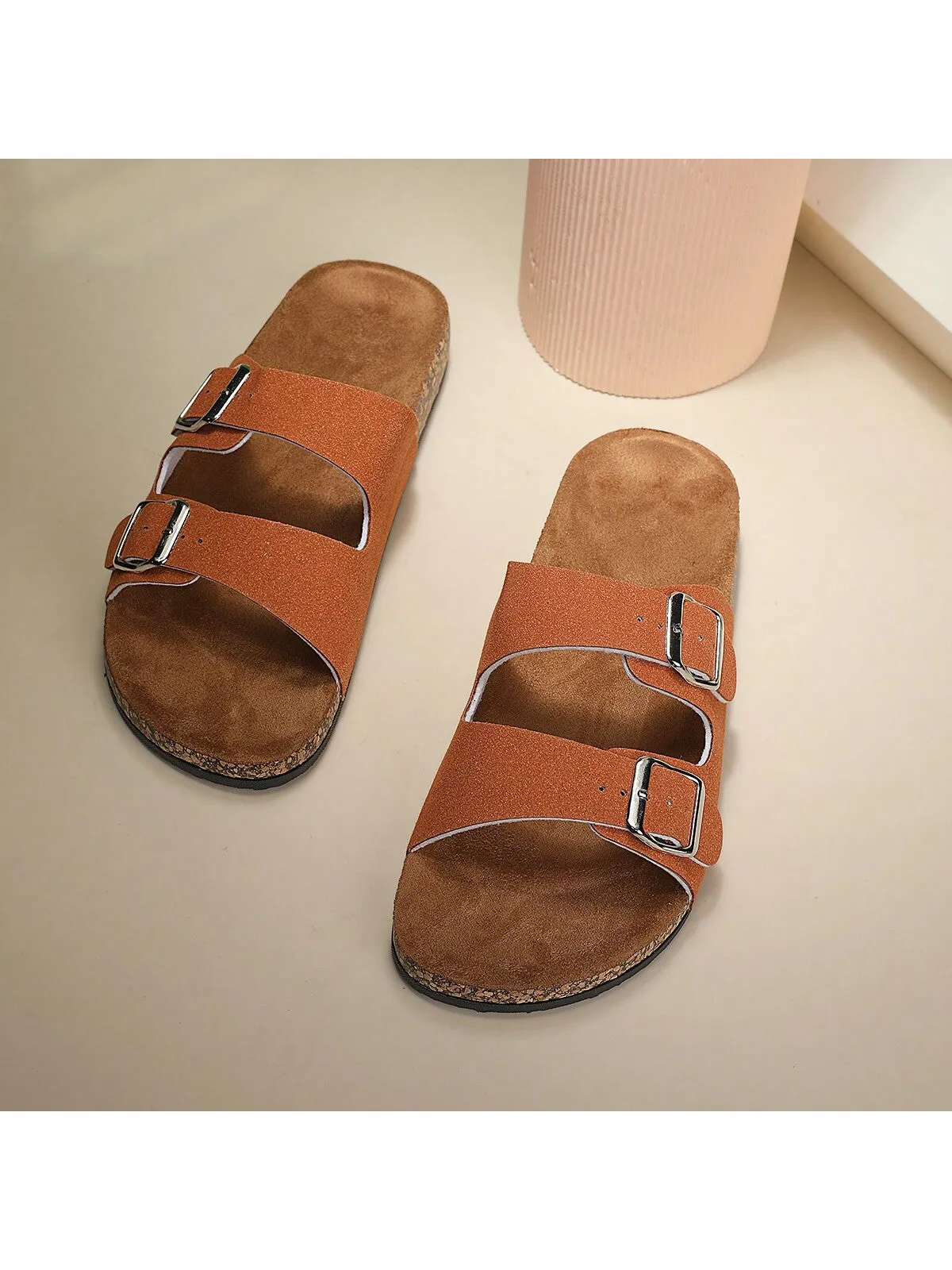 Fashionable Flat Cork Slippers With Buckle, Leisurely Style For Summer, Unisex Beach Sandals With Single Buckle For Outdoor Casual Wear