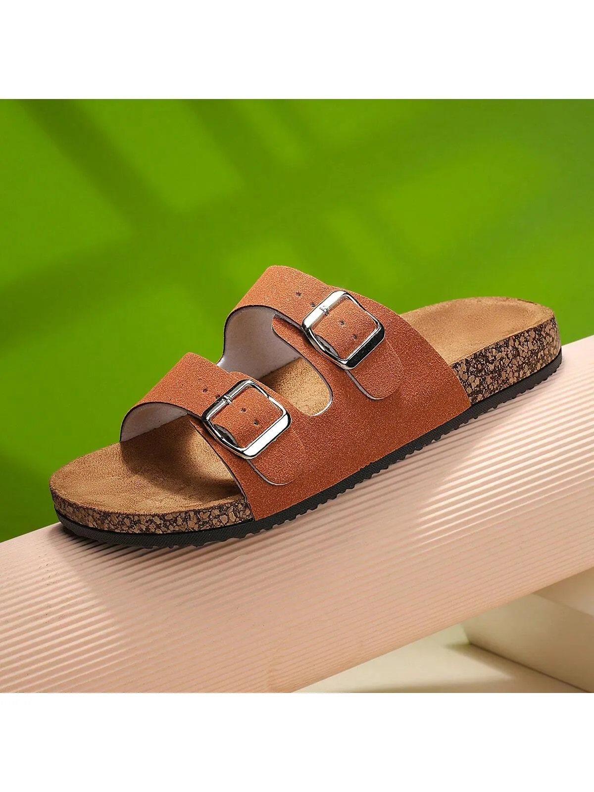 Fashionable Flat Cork Slippers With Buckle, Leisurely Style For Summer, Unisex Beach Sandals With Single Buckle For Outdoor Casual Wear