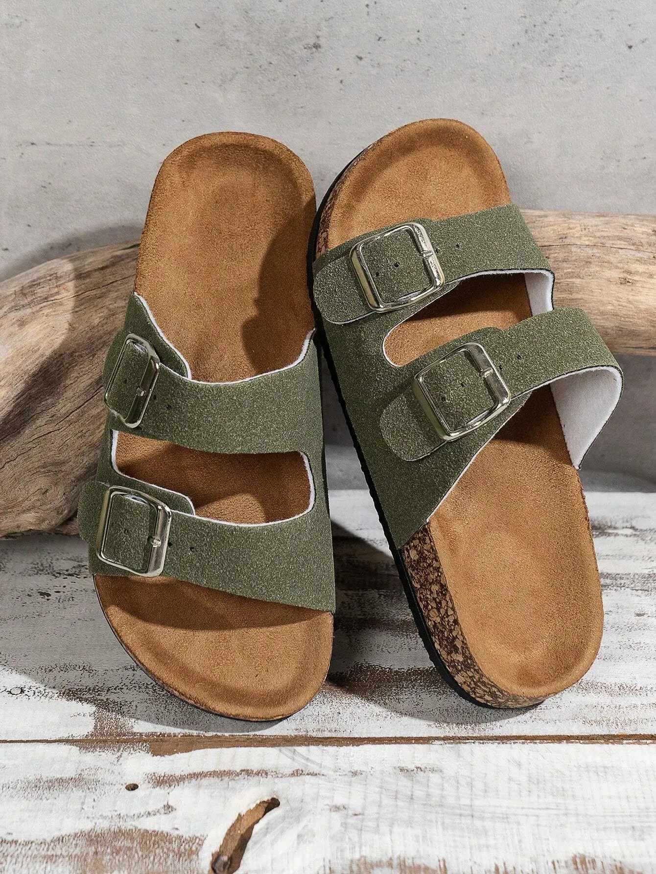 Fashionable Flat Cork Slippers With Buckle, Leisurely Style For Summer, Unisex Beach Sandals With Single Buckle For Outdoor Casual Wear