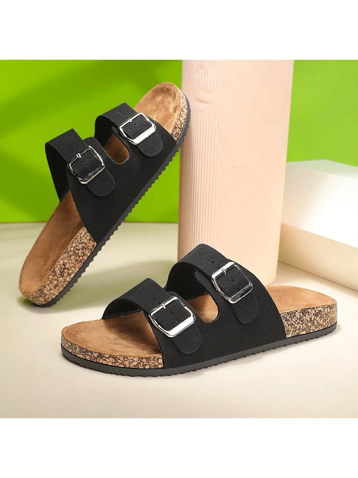 Fashionable Flat Cork Slippers With Buckle, Leisurely Style For Summer, Unisex Beach Sandals With Single Buckle For Outdoor Casual Wear