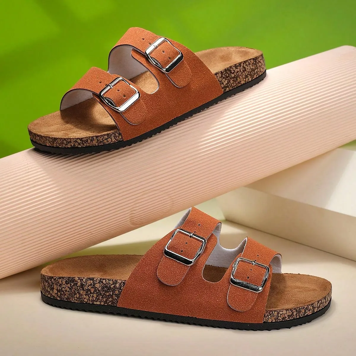 Fashionable Flat Cork Slippers With Buckle, Leisurely Style For Summer, Unisex Beach Sandals With Single Buckle For Outdoor Casual Wear