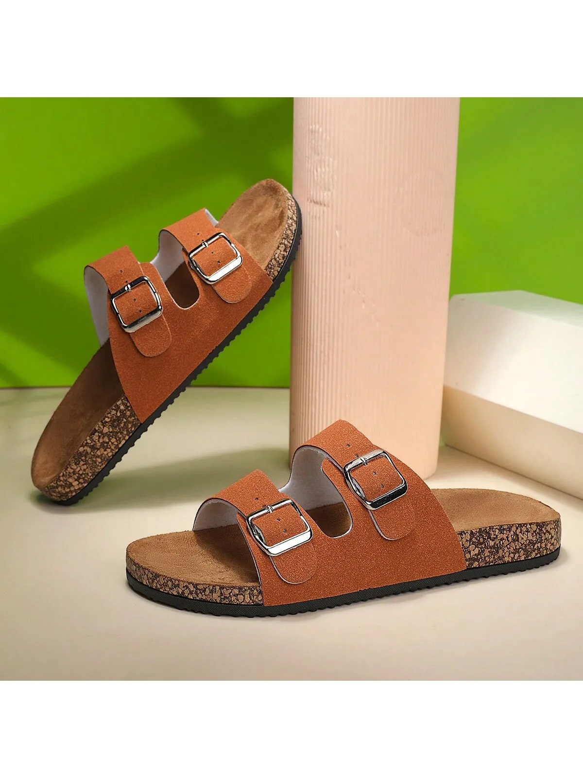 Fashionable Flat Cork Slippers With Buckle, Leisurely Style For Summer, Unisex Beach Sandals With Single Buckle For Outdoor Casual Wear