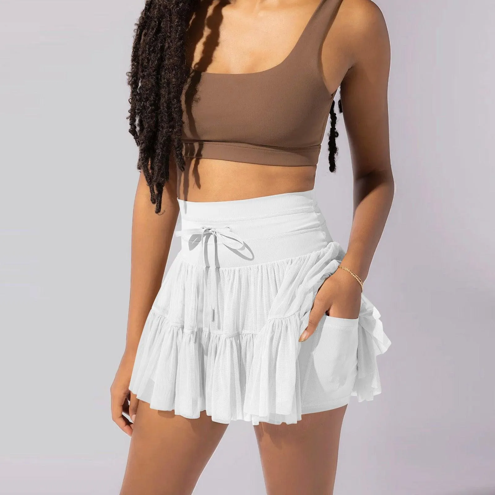 High Waist Lace-up Sports Skorts with Shorts - Women's Summer Pleated Skirt