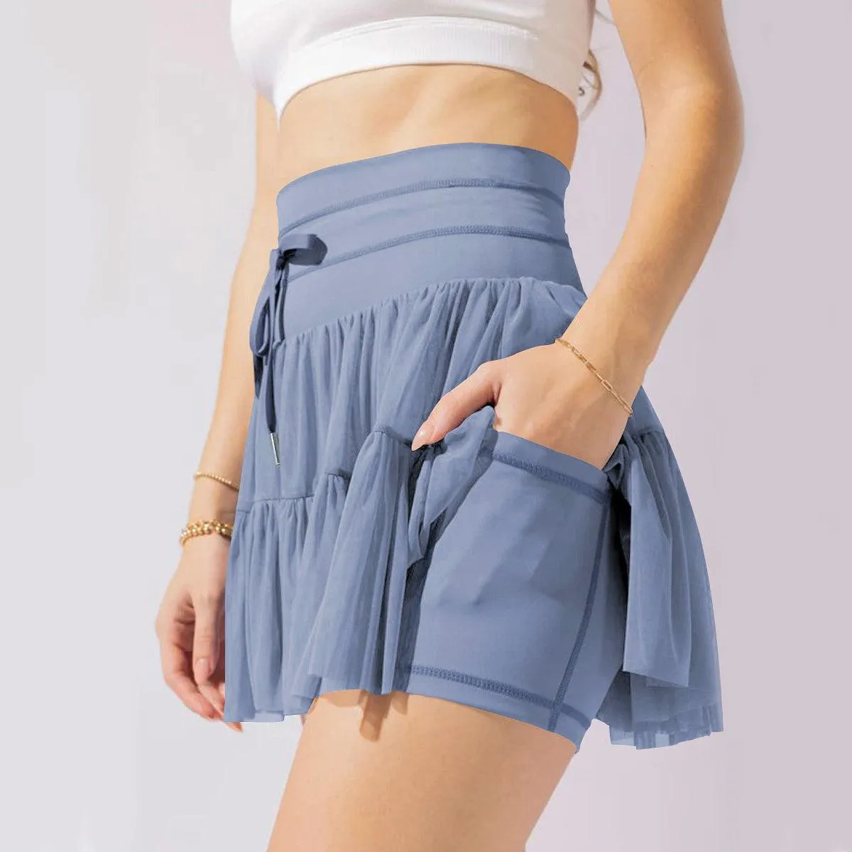 High Waist Lace-up Sports Skorts with Shorts - Women's Summer Pleated Skirt