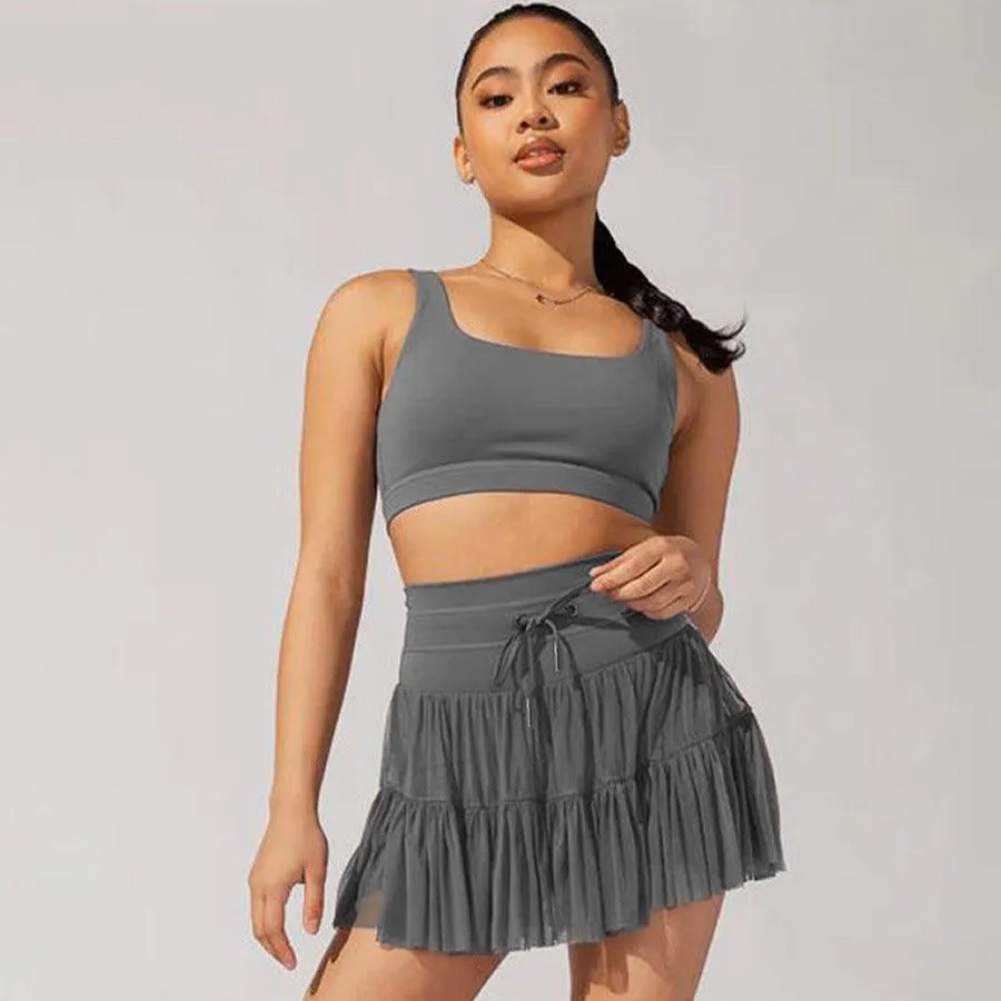 High Waist Lace-up Sports Skorts with Shorts - Women's Summer Pleated Skirt