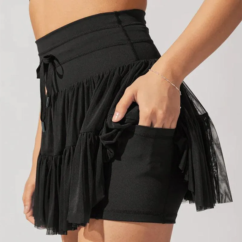 High Waist Lace-up Sports Skorts with Shorts - Women's Summer Pleated Skirt