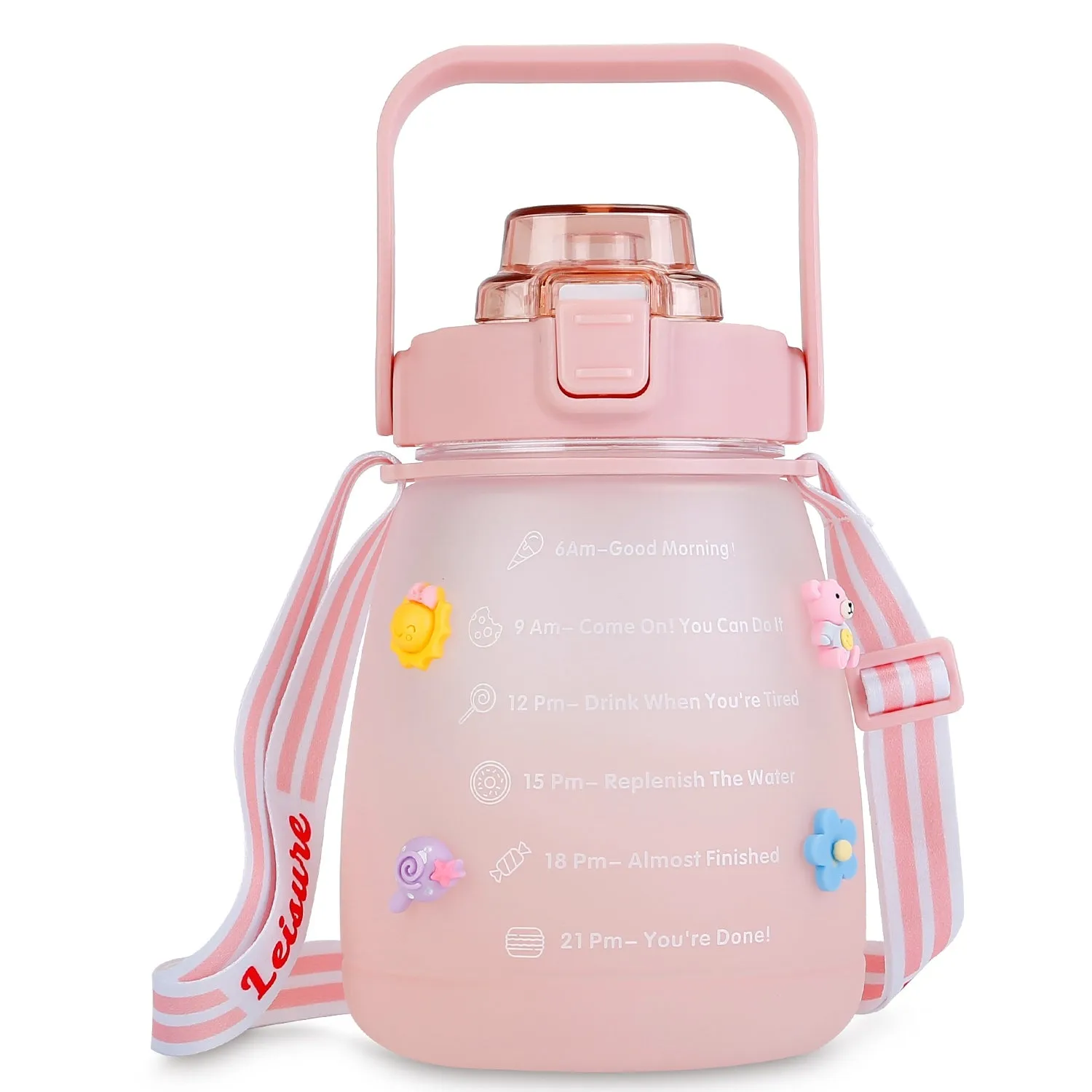 Kawaii Water Bottle with Straw 37.2oz Large Capacity Portable Sports Bottle with Cute Three-Dimensional Stickers