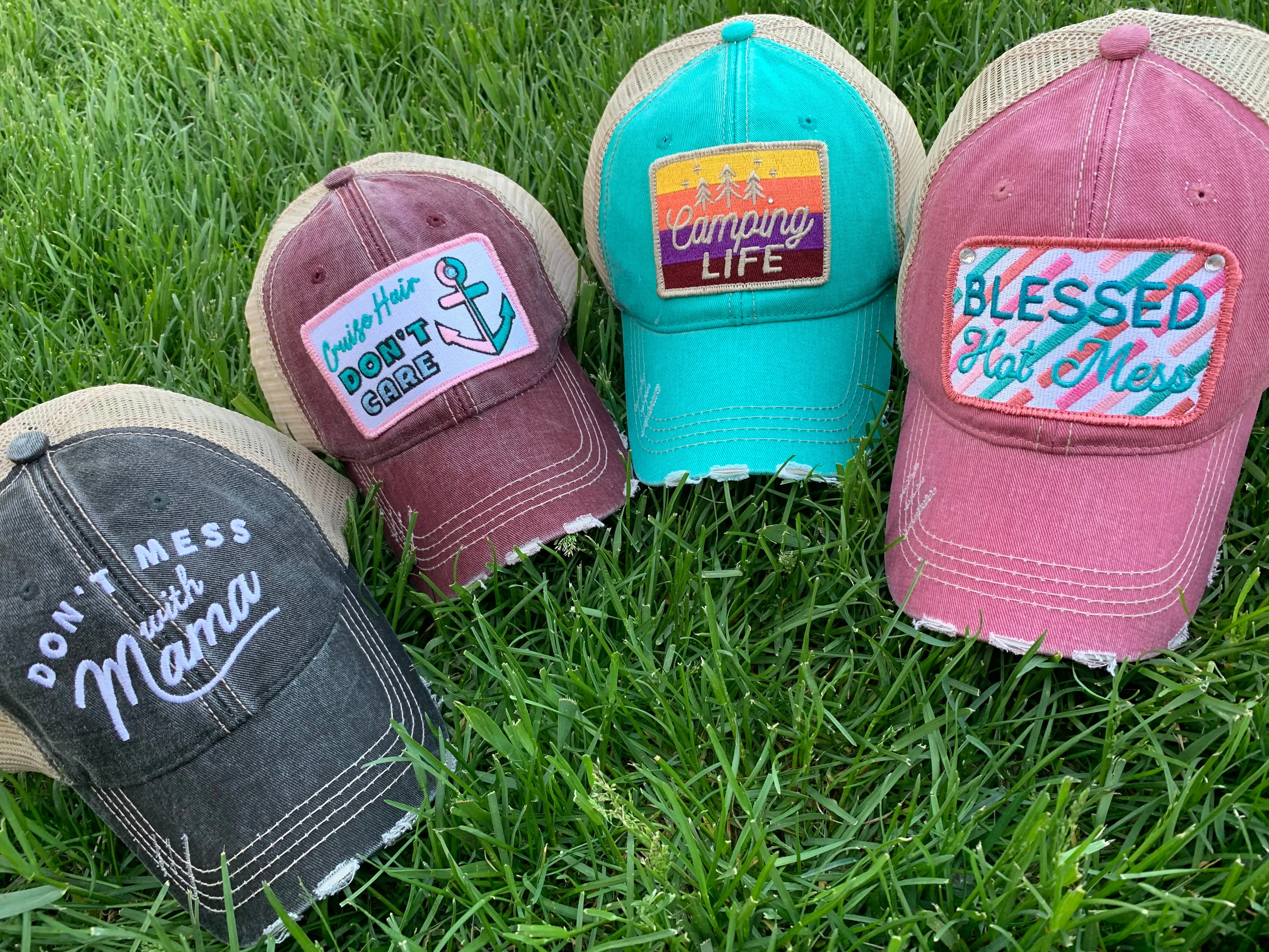 Mom hats! Hat { Don’t mess with mama } Customize with last names, kids names, sports numbers! Embroidered distressed trucker caps. Adjustable.