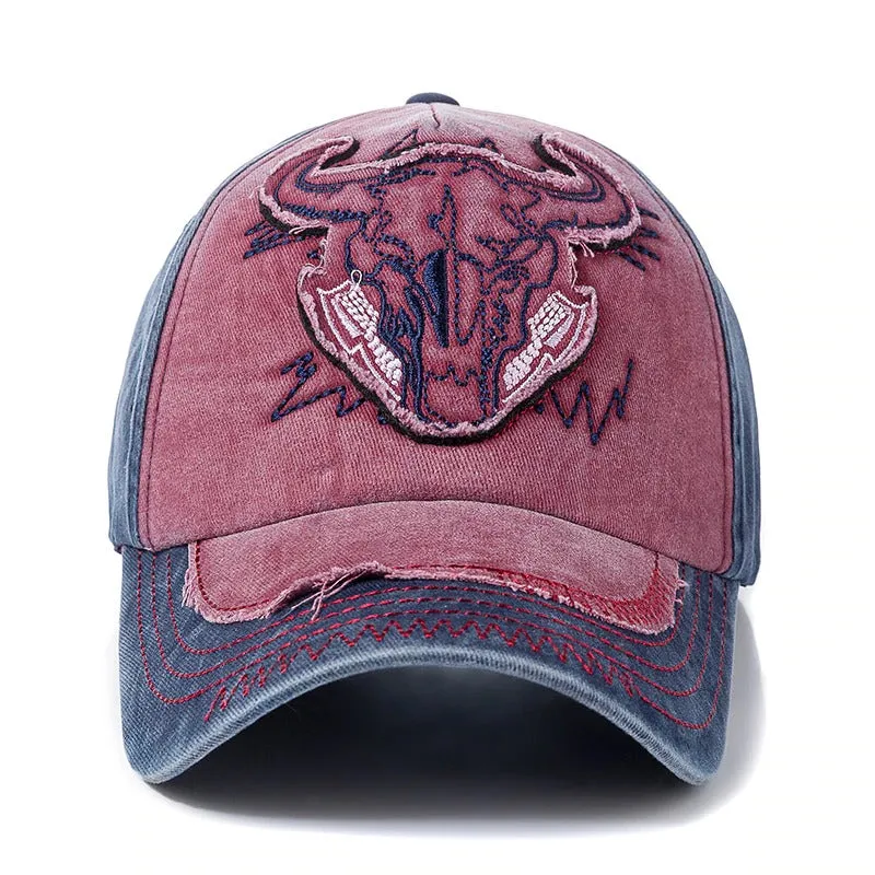 Retro Cap Washed Cotton Bull Head Patch Embroidered Baseball Adjustable Snapback Cap