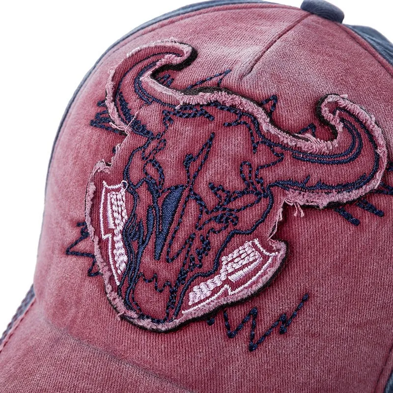 Retro Cap Washed Cotton Bull Head Patch Embroidered Baseball Adjustable Snapback Cap