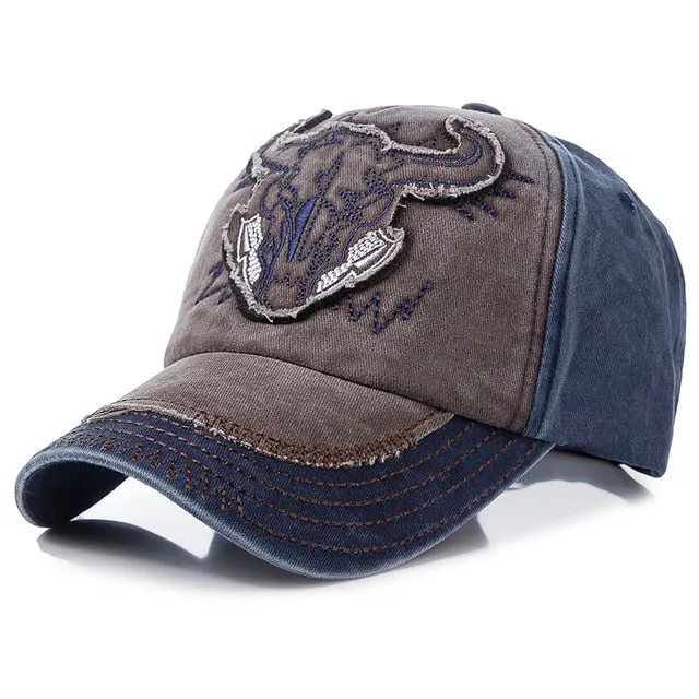 Retro Cap Washed Cotton Bull Head Patch Embroidered Baseball Adjustable Snapback Cap