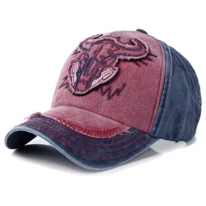 Retro Cap Washed Cotton Bull Head Patch Embroidered Baseball Adjustable Snapback Cap