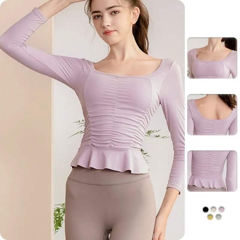 Seamless Solid Color Sports Shirts Ruched  Breathable Athletic Shirt Push-up Yoga Workout Running Jogging Crop Top Active Wear