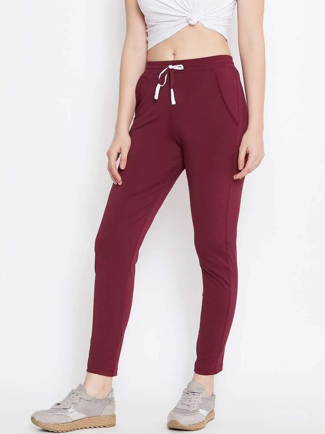 Women Maroon Solid Track Pants