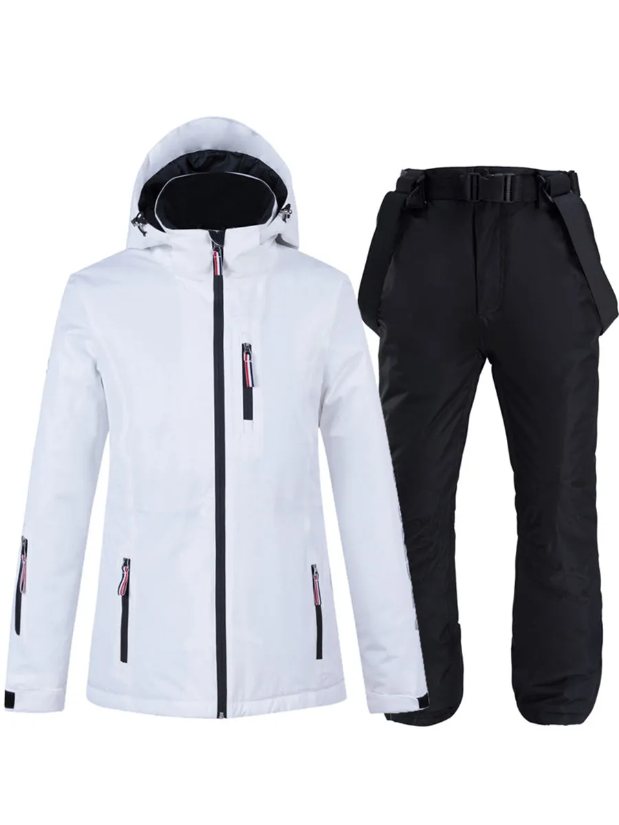 Women Striped Tape Hooded Ski Jacket & Overall Pants