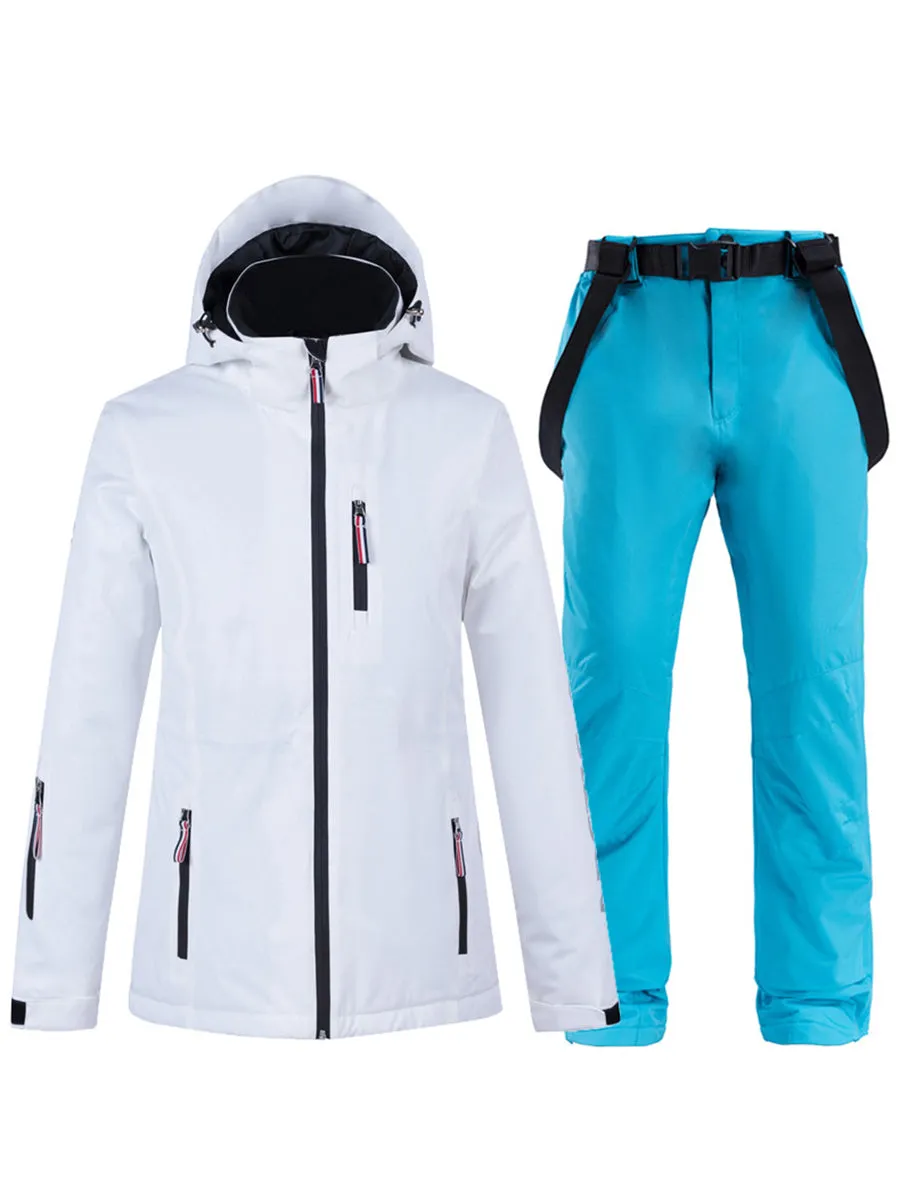 Women Striped Tape Hooded Ski Jacket & Overall Pants