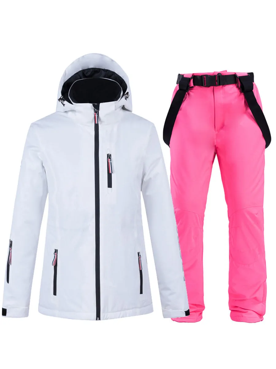 Women Striped Tape Hooded Ski Jacket & Overall Pants